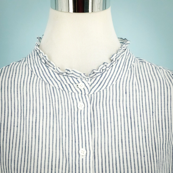 WYSE 5 Size 12 US Paris Linen Stripe Frill Ruffle Button Long Sleeve Top Blouse - Picture 3 of 8